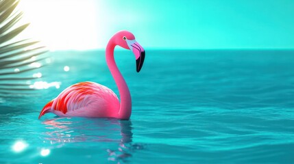 Pink Flamingo Float in Shiny Turquoise Ocean Water Summer Relaxation Pool Fun