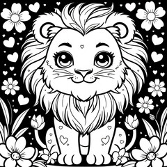 Fototapeta premium Cheerful Lion Cub Drawing with Smiling Face for Fun Kids Book Covers and Educational Creative Coloring Pages for Childrens Exploration Drawing Illustration with Heart and Flowers Garden