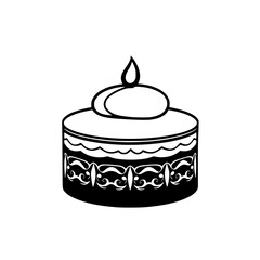 Minimalistic Black and White Illustration of a Birthday Cake with a Candle and Ornate Design.