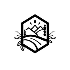 Black and white illustration of a mountain range with a road and trees within a hexagonal frame with surrounding floral elements.