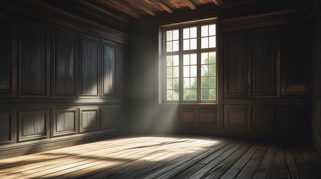 Sunlight streaming through large vintage windows into an empty wooden room with dark paneled walls, creating a dramatic contrast of light and shadow on the aged wooden floor

