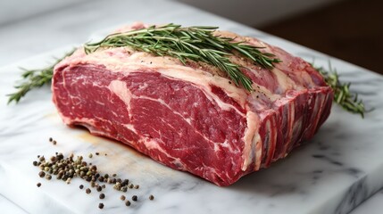 Obraz premium Raw rib roast rosemary kitchen marble background cooking