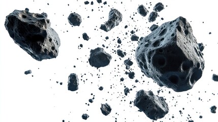 Asteroid field hurtling through space; cosmic debris; white background; science fiction