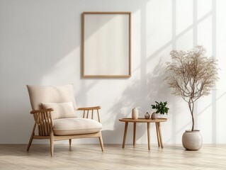 Minimalist Scandinavian Interior Design with Cozy Armchair and Wooden Table in Bright Living Room