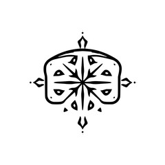 Simple, symmetrical black and white mandala featuring a central starburst pattern and decorative elements.