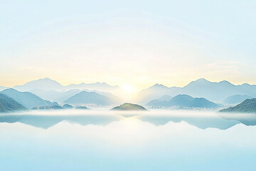 Serene sunrise over misty mountains reflecting in calm water, evoking tranquility and peace