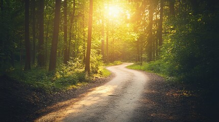 Fototapeta premium A sunlit path winds through a dense green forest at golden hour creating a peaceful scene