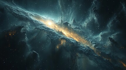 Fototapeta premium Cosmic radio jet erupts from a luminous source, traversing the vast expanse of deep space.
