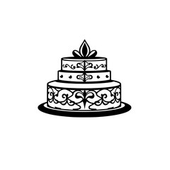 A three-tiered wedding cake, black and white, with decorative scrollwork and a floral topper on a white background.