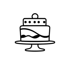 Two-Tiered Cake with Minimalist Design on Stand, Black Lines, White Background, Simple Elegance.