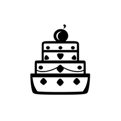 Black and White Illustration of a Three-Tiered Cake with Minimalist Detailing and Topping.