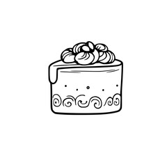 A minimalist black and white cake with frosting and toppings, isolated on white.