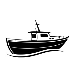 Black and White Boat on Waves.  Minimalist Logo. The classic fishing boat cruises on waves, in a black and white, minimalist style.
