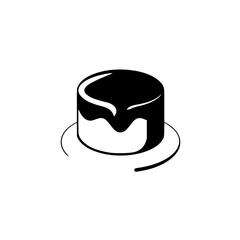 Minimalist illustration of a small cake, cake with chocolate topping, round cake, black and white, with white background and high contrast.