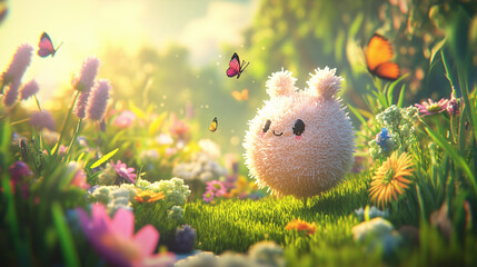 A voxel fluffy monster with a round, soft body made of pastel-colored blocks, tiny pixelated eyes, and small, floppy ears