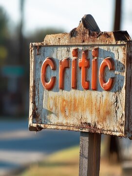 Rusty old sign with embossed orange letters spelling 'critic' stands weathered amid sunny neighborhood backdrop highlighting decay and vintage charm