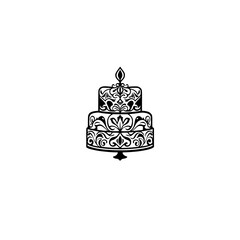 Elegant Black and White Layered Cake Illustration, with Intricate Floral Patterns and a Topper