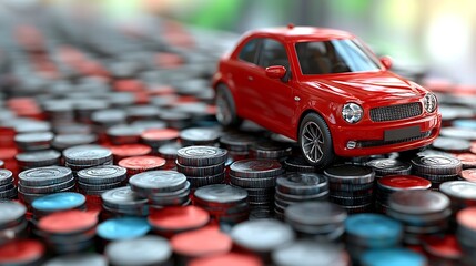 Red car on coins, finance, cost