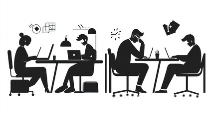People working on laptops, office desks, abstract background; business illustration