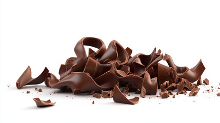 Chocolate curls, shavings or pieces of sweet food isolated on white background. Cocoa production, cake decoration, brown delicious choco cuttings of bitter dessert Realistic 3d vector illustration