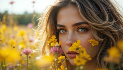 Fototapeta premium Beautiful Woman in Garden Surrounded by Blooming Flowers.