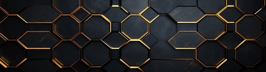 Luxurious Black and Gold Hexagonal Abstract Background with Geometric Patterns and Dramatic Lighting