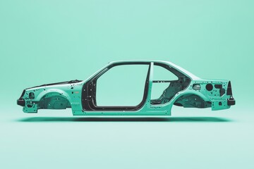 A conceptual teal colored car shell on a teal background