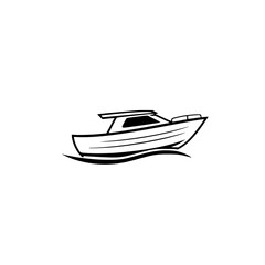 Monochrome image of a streamlined boat cruising over waves, minimalist boat design, black and white.