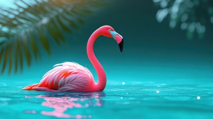 Fototapeta premium Pink Flamingo Float in Turquoise Ocean Summer Vibes Fun Pool Tropical Vacation