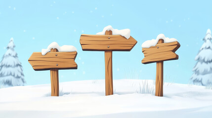 Wooden signboard covered with snow 3d cartoon vector set. Realistic illustration of various blank snowy arrow panels and banners with wood texture for winter and Christmas text and advertising signs.
