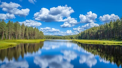 Fototapeta premium Serene Lake Reflection in a Pine Forest Under a Bright Blue Sky