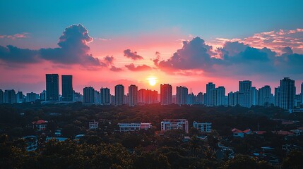 Fototapeta premium Vibrant sunset over cityscape with colorful clouds and buildings.