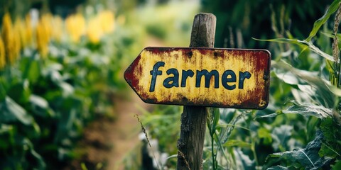 A Rustic Farmer Signpost Marks the Pathway Through Verdant Farmlands, Capturing the Essence of Agriculture and Rural Scenery in a Picturesque Landscape
