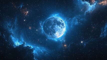 Fototapeta premium Glowing blue planet in nebula.