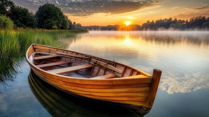 Obraz premium Serene Morning Mist Over Quiet Lake with Fishing Boat