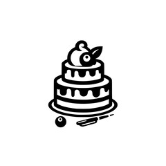 A minimalist, graphic depiction of a two-tiered cake, a sphere, and a pen.
