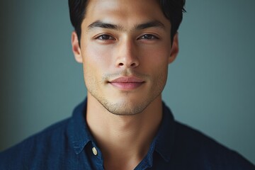 Obraz premium Confident young Asian businessman smiling in navy shirt portrait