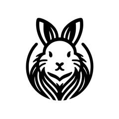 Stylized black and white image of a rabbit's head, with a circular frame and a minimalist style.