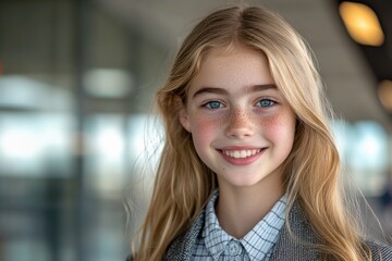 Obraz premium A young girl with long, blonde hair and bright blue eyes smiles softly, wearing a stylish plaid blazer. Her expression and attire create a charming, timeless look against a blurred background.
