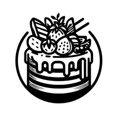 Black and white illustration of a cake with a dripping icing and decorated with strawberries, an artistic design.