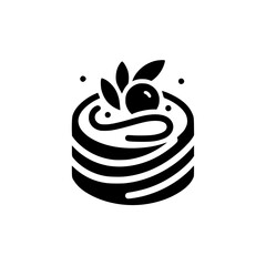 Minimalist black and white cake illustration of a decorated pastry with leaves and cherries, isolated on white.