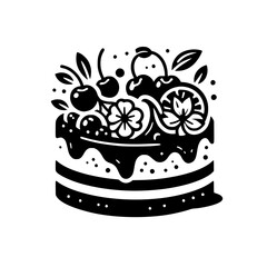 Black and white vector illustration of a layered cake with cherries, flowers, and leaves.