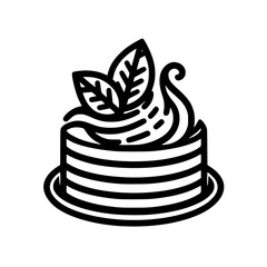 Minimalist layered cake icon with two basil leaves and cream swirl on a plate, black and white.