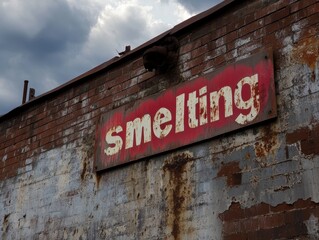 Fototapeta premium Aged Industrial Smelting Facility Exterior with Rusted Metal and Weathered Signage Under a Foreboding Sky