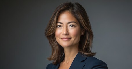 Fototapeta premium A dark haired professional woman in a blue suit stands confidently against a simple background, radiating warmth and approachability with her genuine smile.