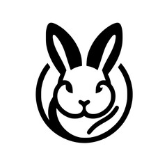 A black and white illustration of a stylized rabbit face, enclosed within a circle shape.