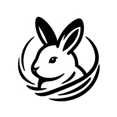 Black-and-white vector illustration of a rabbit face within a circular frame, minimalist and modern.