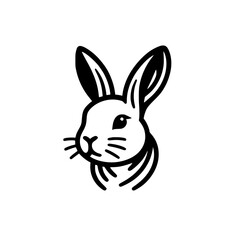 A black and white illustration of a rabbit with detailed features in a simple, minimalist style.