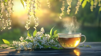 Fresh willow branches with seasonal flowers beside a steaming herbal tea, evoking nature's calm and renewal.