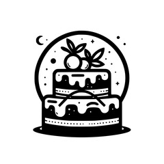 A minimalist, vector-style illustration of a two-tiered cake with berries, dots, and a crescent moon on a white background.